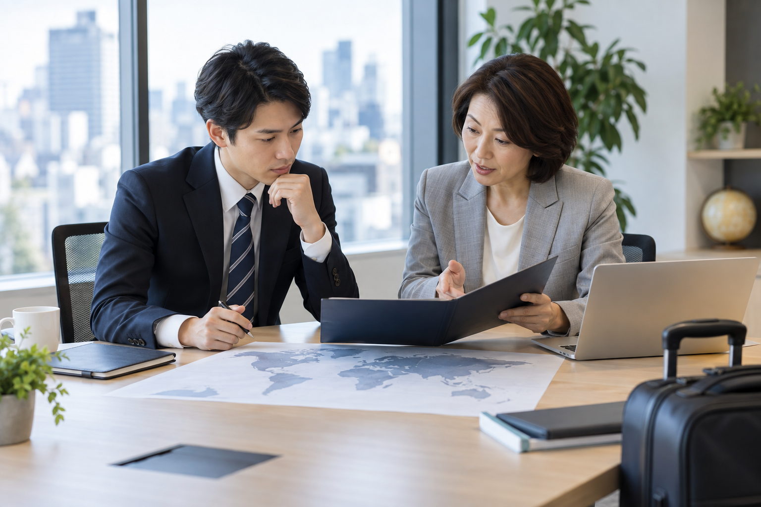 海外勤務の前に上司と役割や仕事の進め方を確認するビジネスパーソン