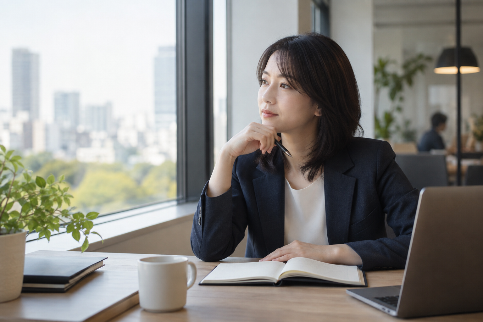 厳しい指摘を受けた後に内容を落ち着いて整理するビジネスパーソン