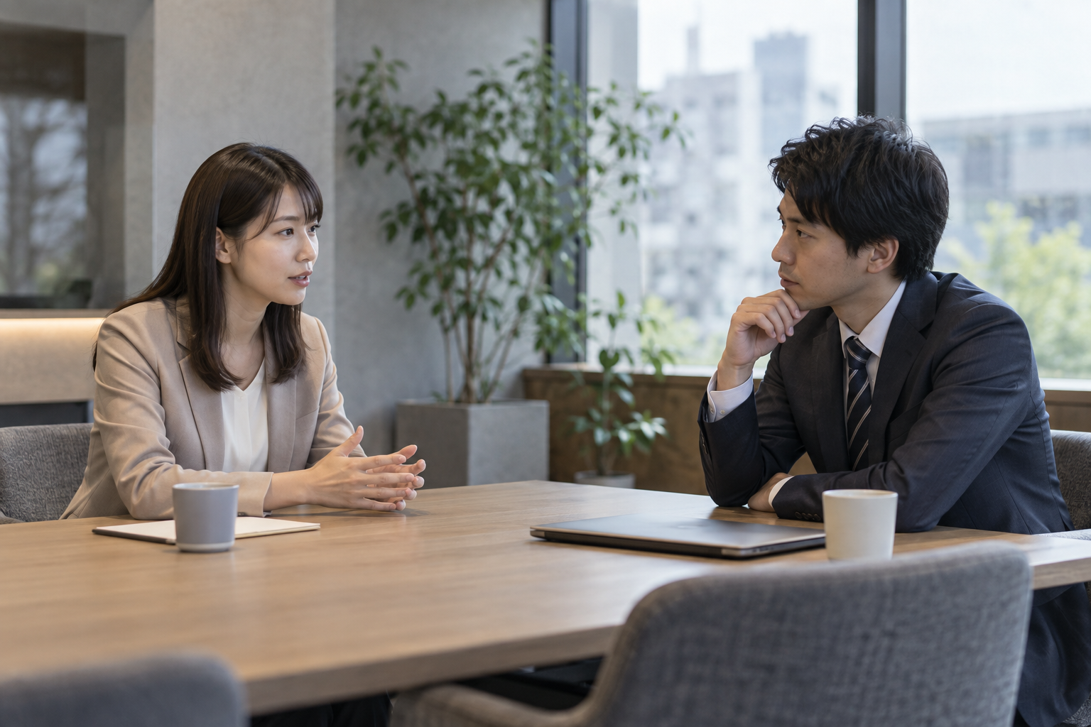 職場での行き違いの後に落ち着いて関係修復を話し合う同僚