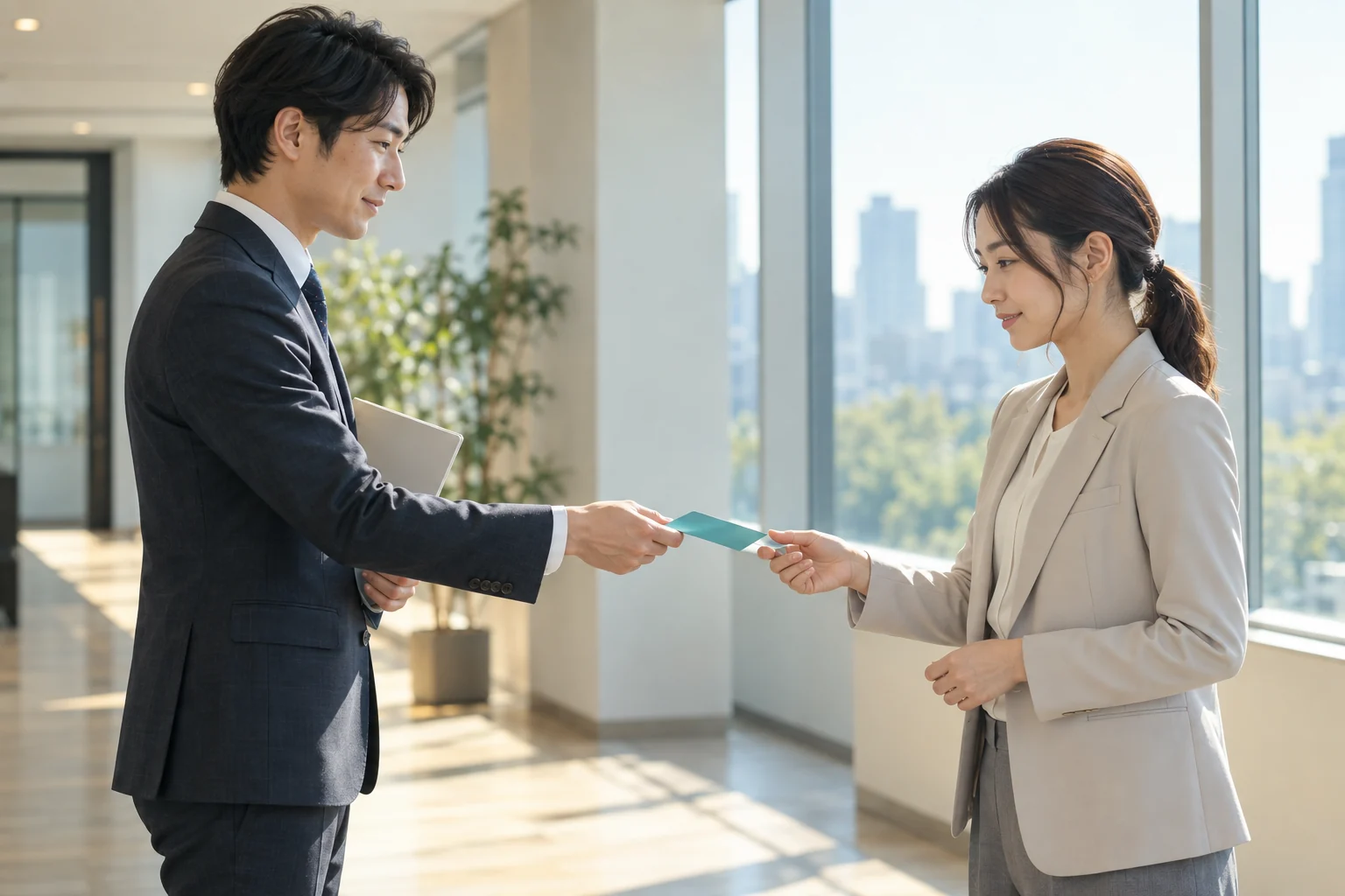 説明資料の最後に一枚の判断カードを手渡す二人のビジネスパーソン
