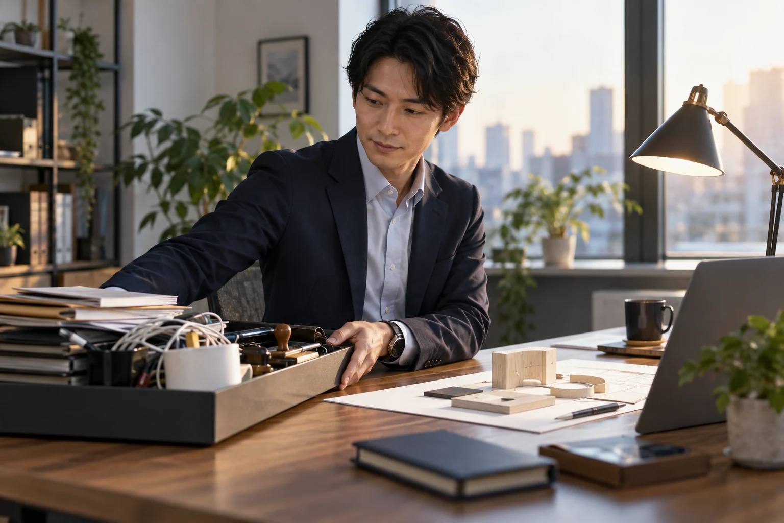 細かな雑務のトレーを脇へ置き、本来の仕事に集中するビジネスパーソン