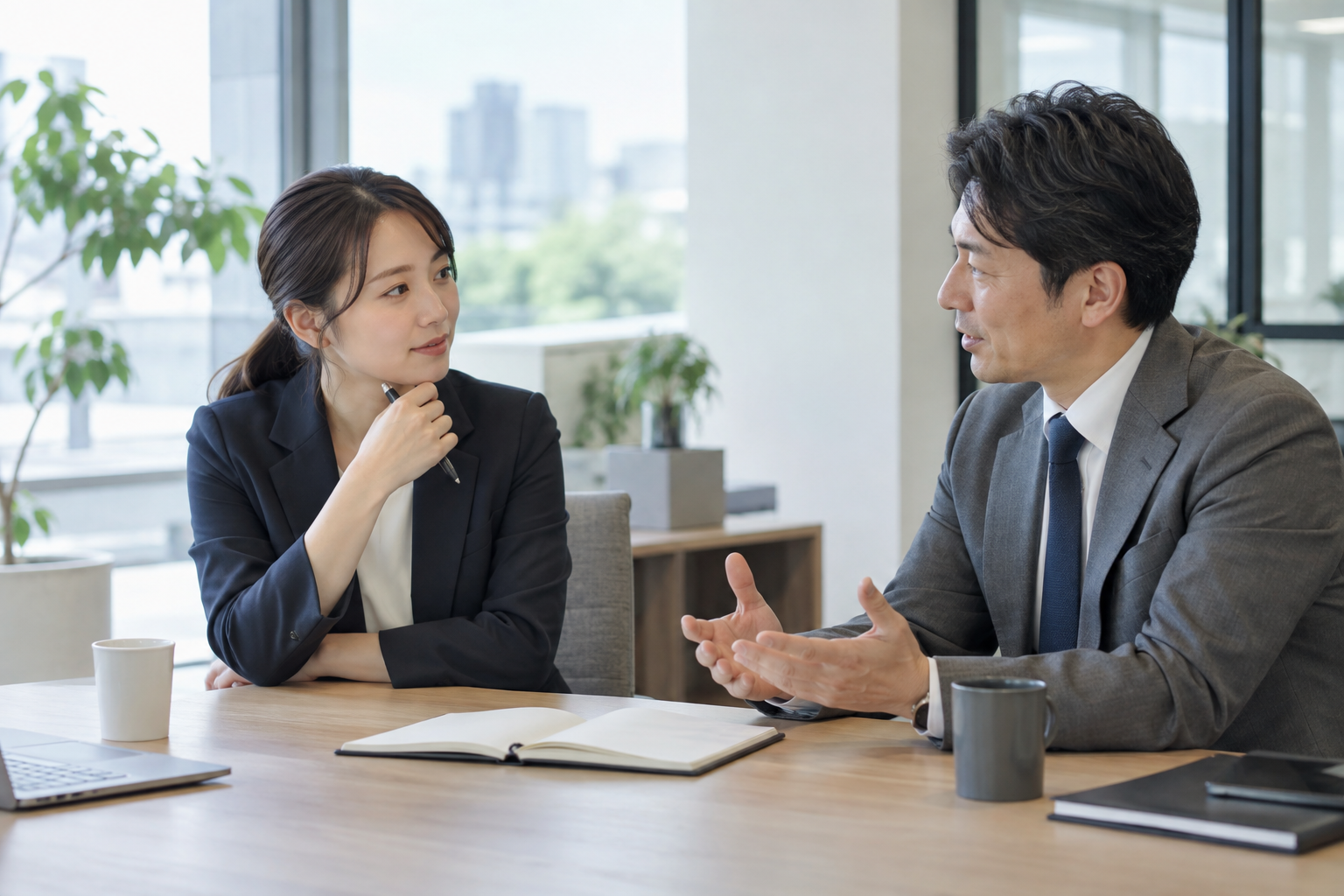 上司と具体的な評価内容を落ち着いて確認するビジネスパーソン
