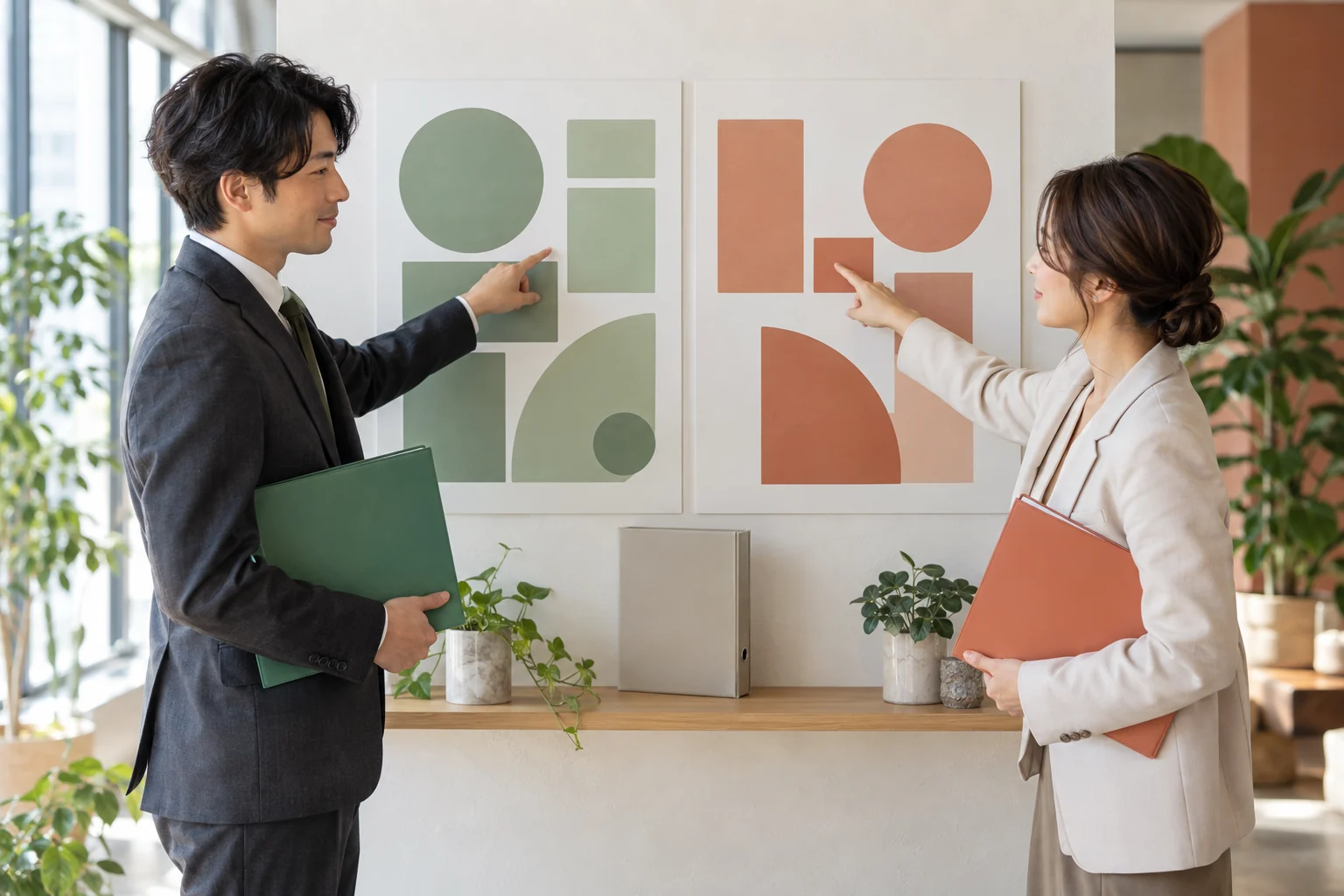 色分けした資料を手に、共同作業と個別の担当範囲を確認する二人